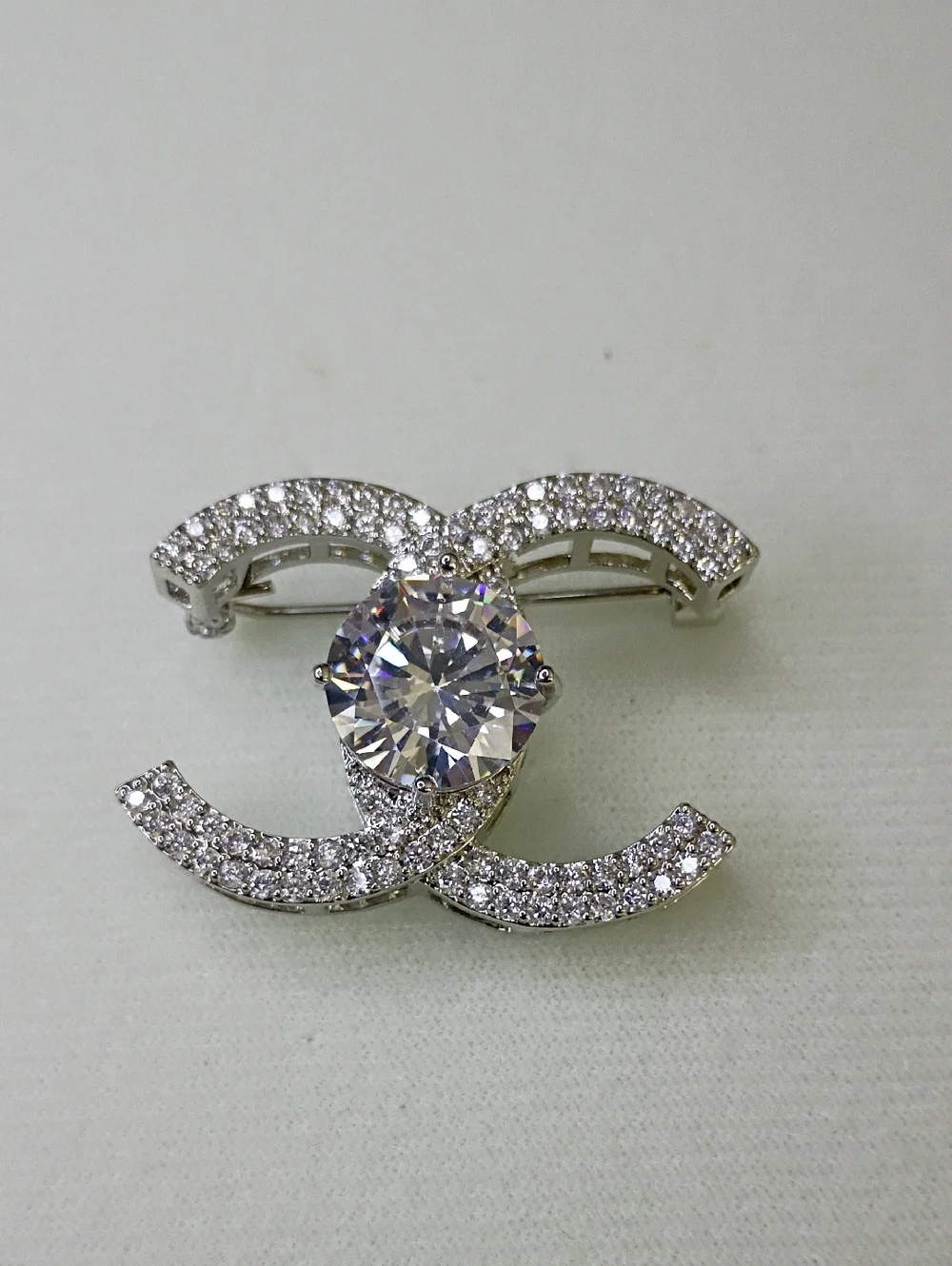 New Silver-Tone Crystal Double-C Resemblance Brooch - Clear